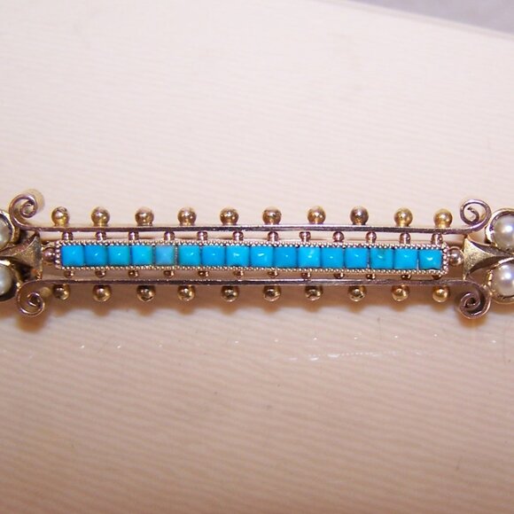 Antique Victorian 14K Gold Persian Turquoise Natural Pearl Etruscan Revival Pin - Picture 5 of 8